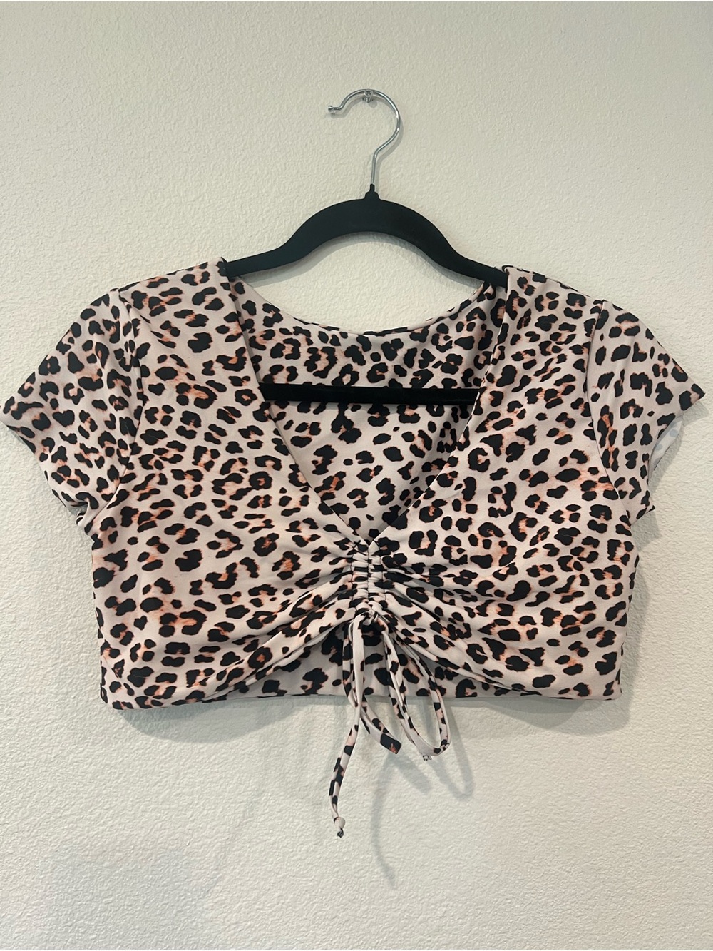 Zaful Pink Leopard Ruched Drawstring Crop Top